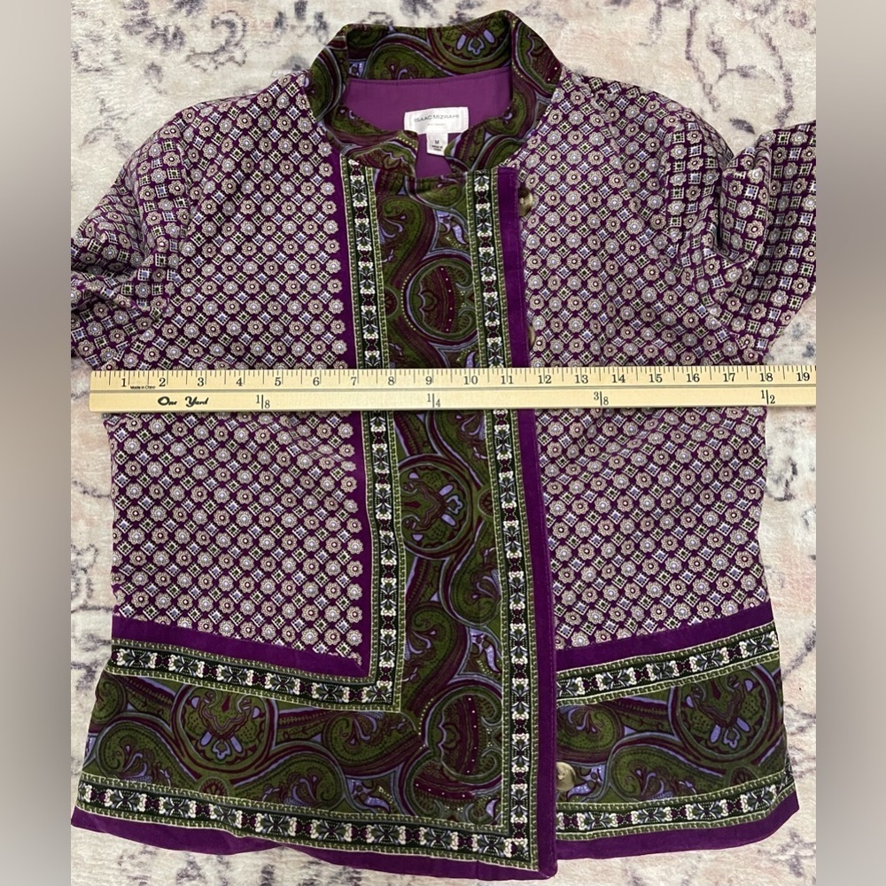Isaac Mizrahi Artisan Velvet Paisley Jacket in Purple and Olive Size Medium - Picture 6 of 10